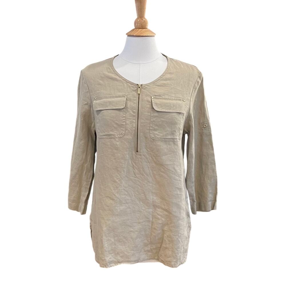 Jones NY Sport 100% Tan Linen 1/4 Zip Popover Tunic, Minimalist, Beachy, Size S